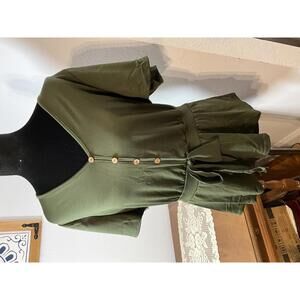 Lavash XL Olive Green Short Sleeve Button Front Peplum Top with Waist Tie